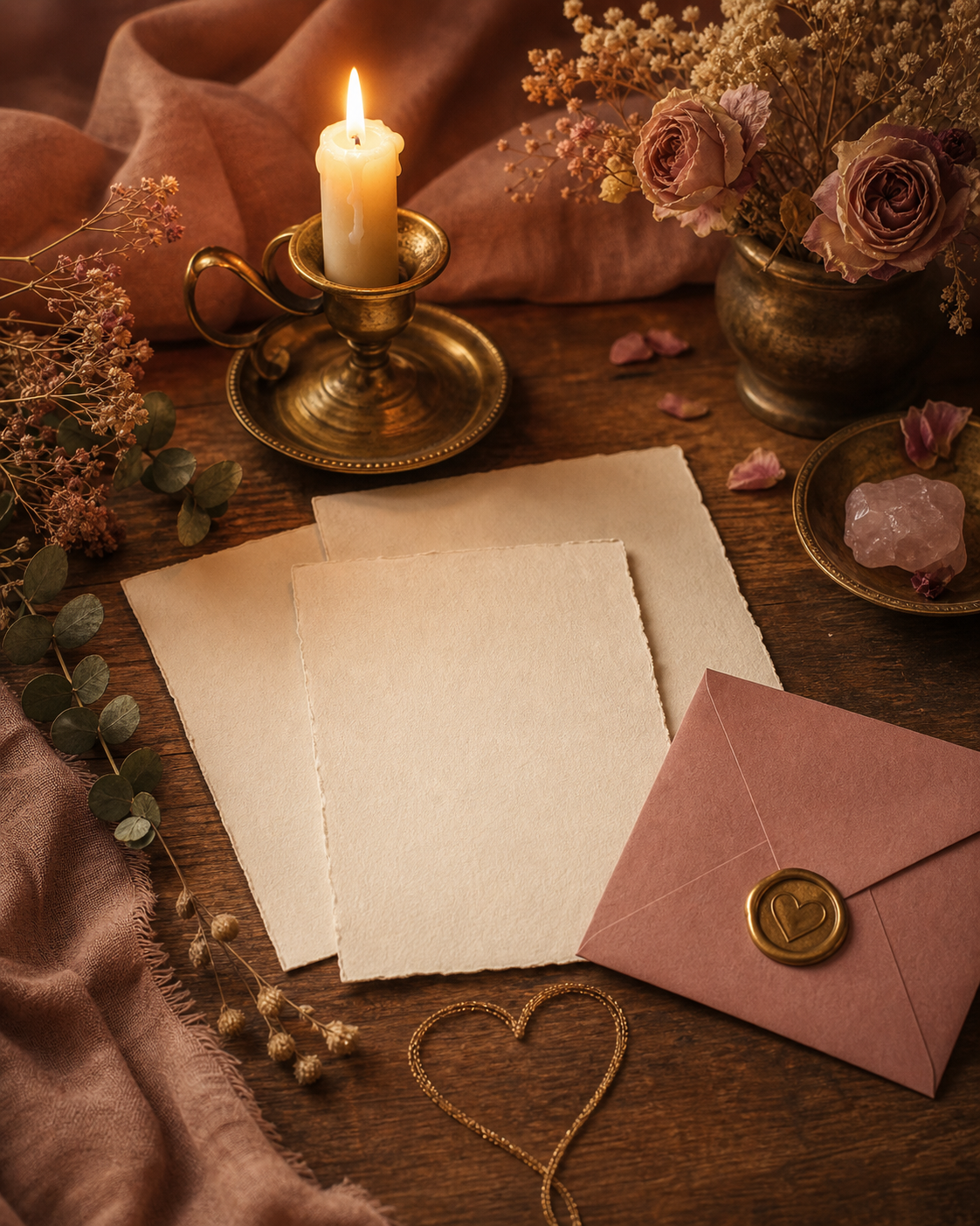 A candlelit love tarot writing desk with blank papers, dried flowers, and a sealed envelope