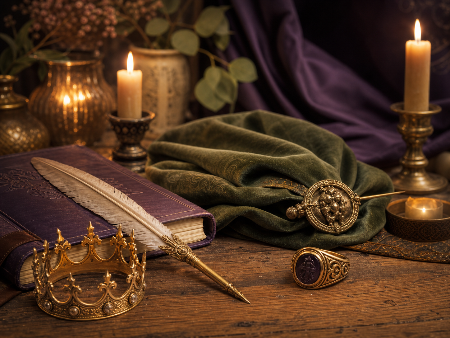 A mystical desk with symbolic objects suggesting Pages, Knights, Queens, and Kings