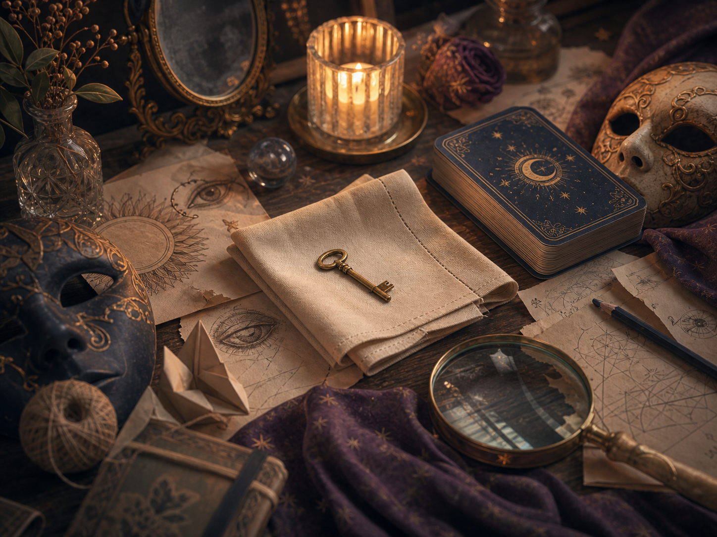 A mystical desk with scattered notes, masks, candlelight, a mirror, and a covered tarot deck