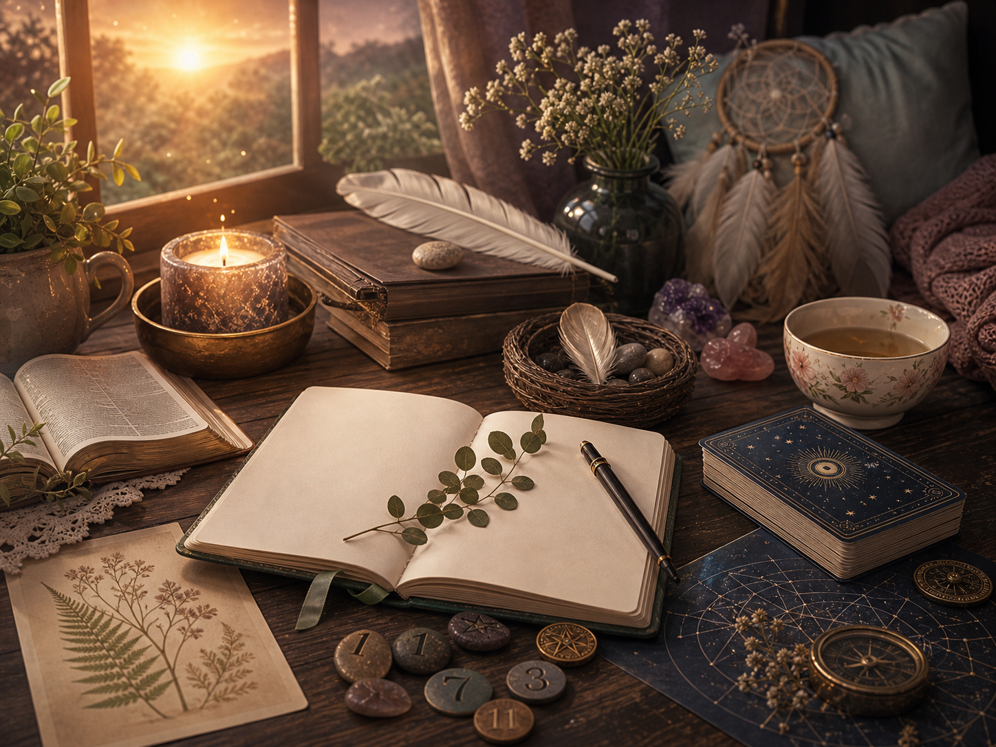 A mystical dawn writing desk with a journal, candle, number tokens, leaves, star chart, and covered tarot deck
