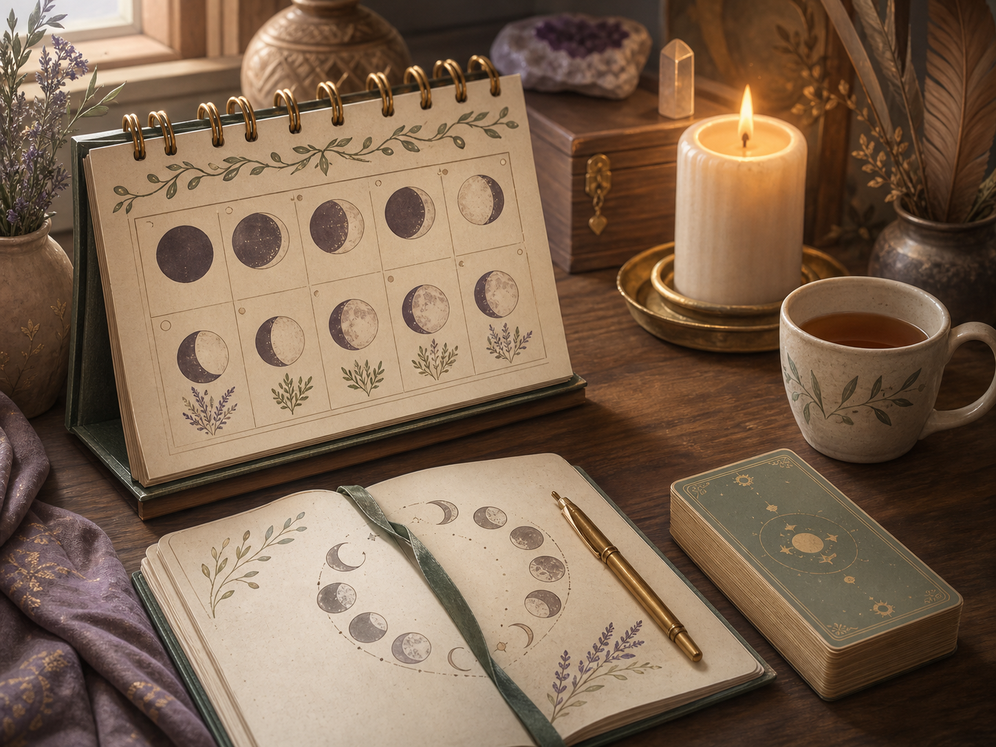 A serene desk with a moon journal, candle, tea, and a covered tarot deck