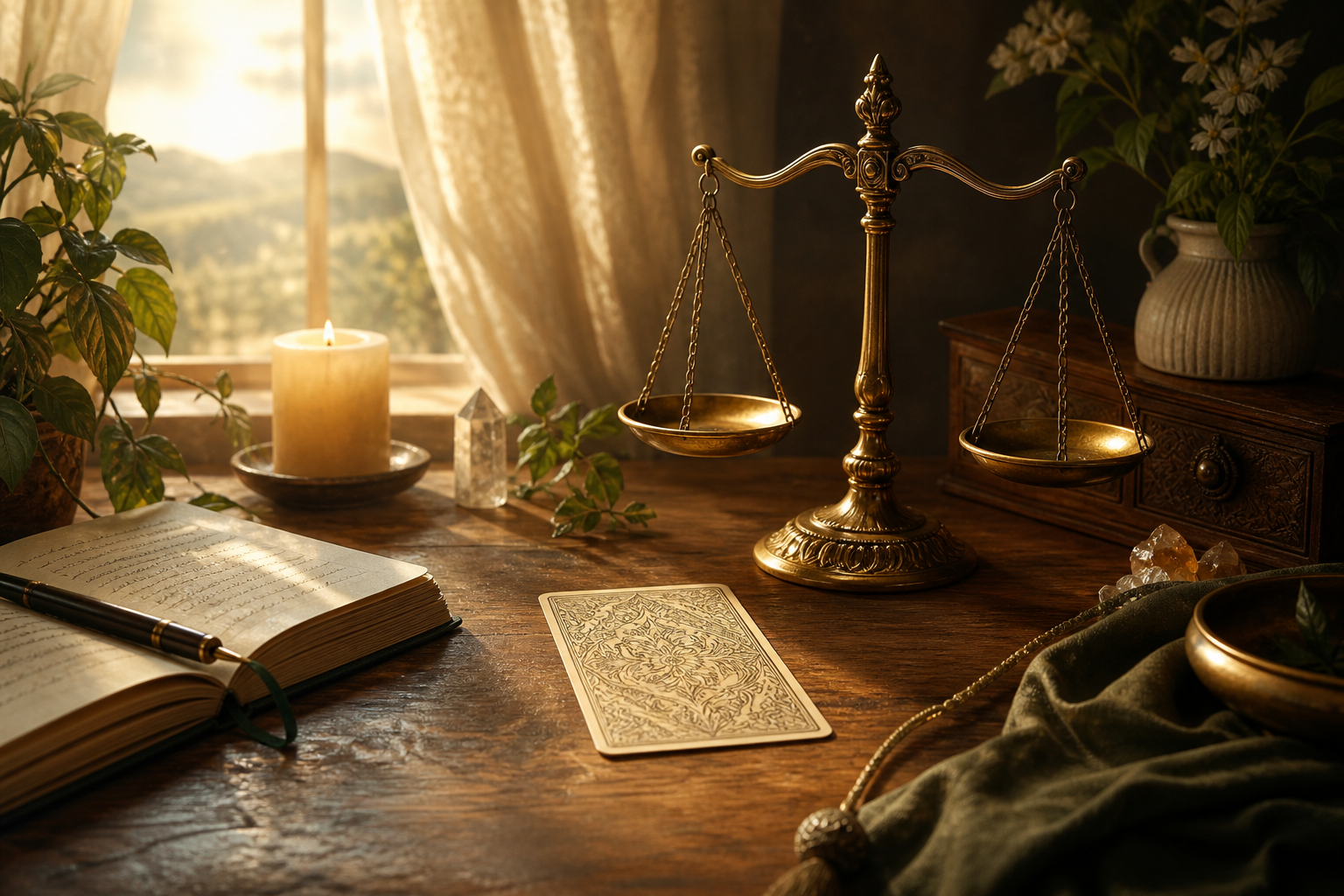 A balanced scale with a tarot card, journal, candle, and clear light