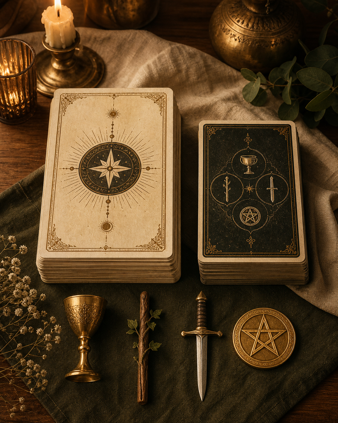 Two symbolic tarot card piles with suit objects on a candlelit study desk
