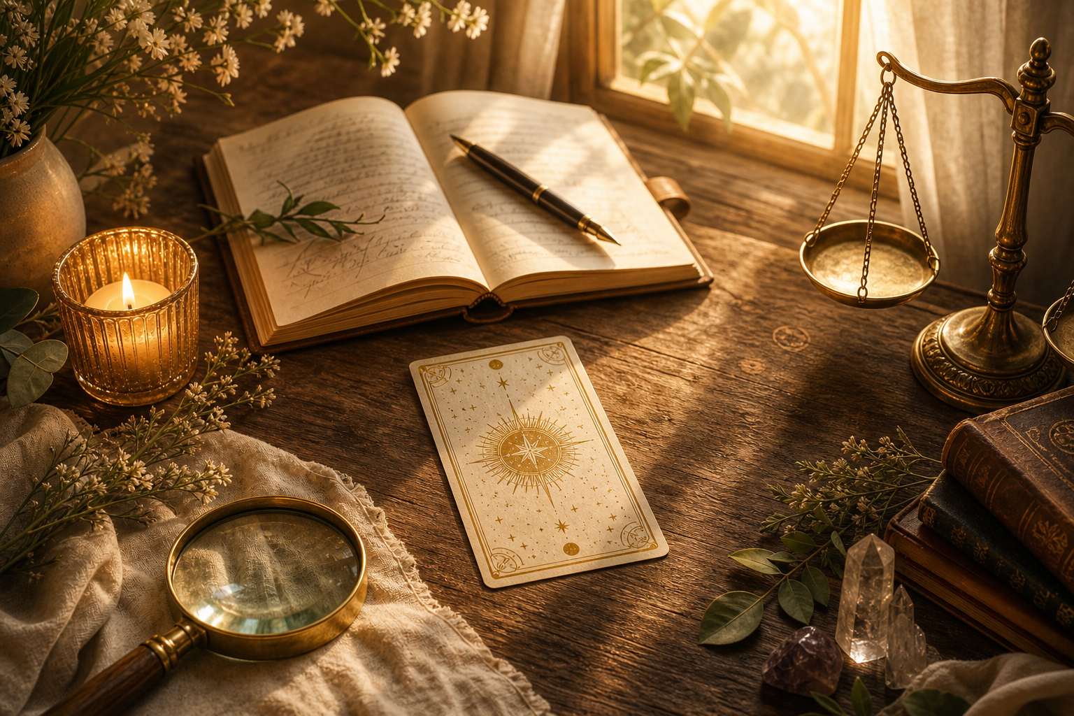 A candlelit study desk with a journal, tarot card, balance scale, magnifying glass, and soft divine light