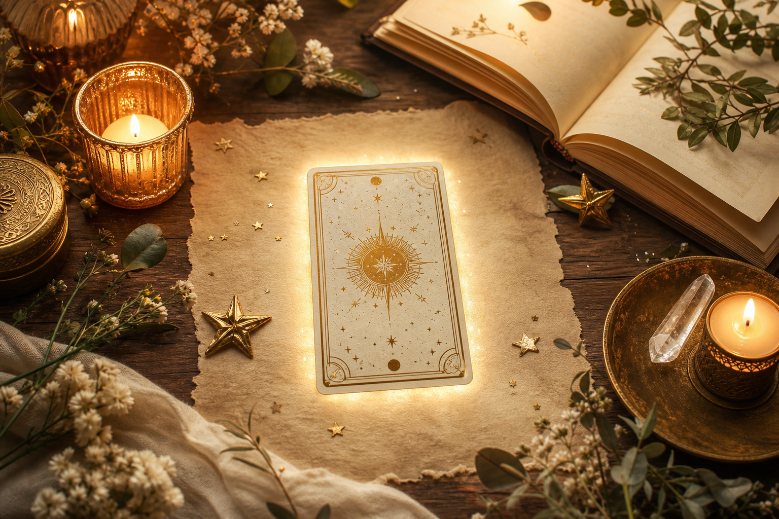 One glowing tarot card on a parchment desk with stars, a journal, and candlelight