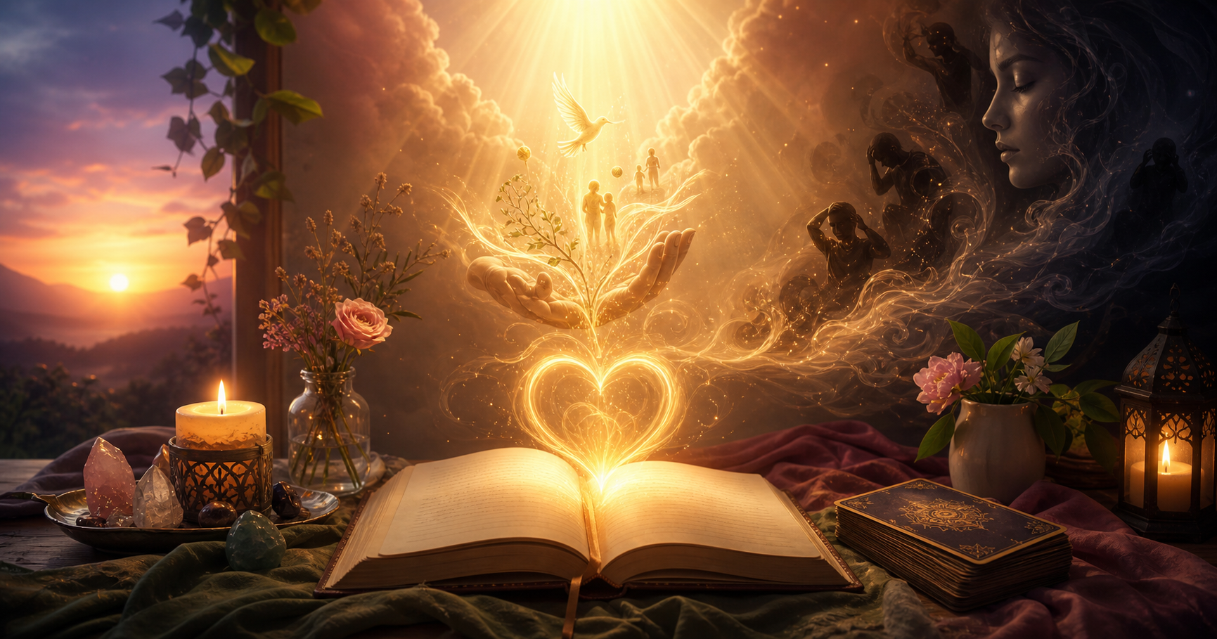 A candlelit journal with a glowing heart-shaped light, soft shadows, and a face-down tarot deck