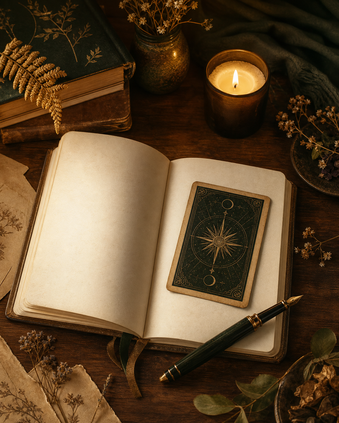 An open tarot journal with a face-down tarot card, candlelight, and botanicals