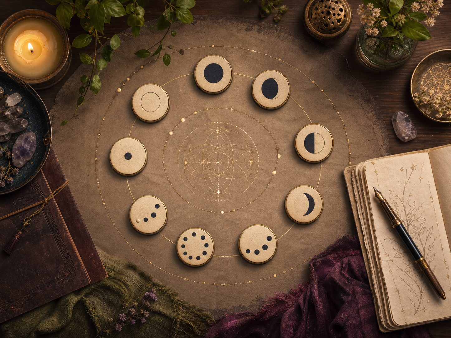 A mystical desk with moon phase tokens and a journal suggesting tarot numerology