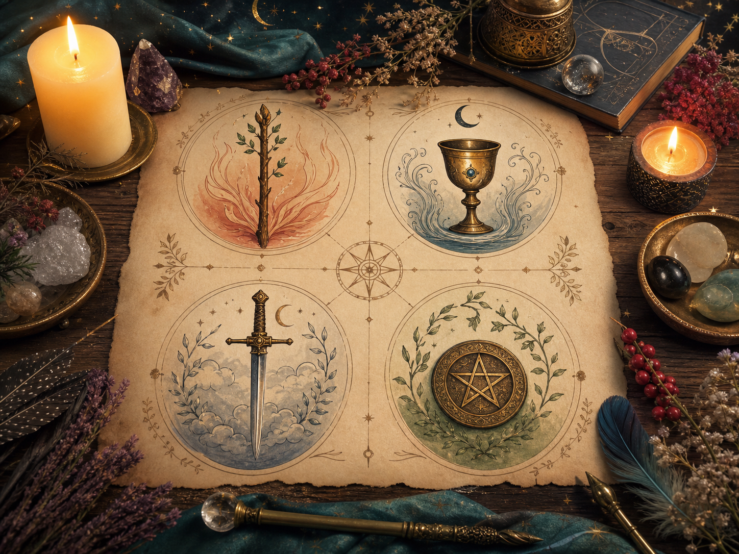 A mystical desk with symbolic objects for Wands, Cups, Swords, and Pentacles