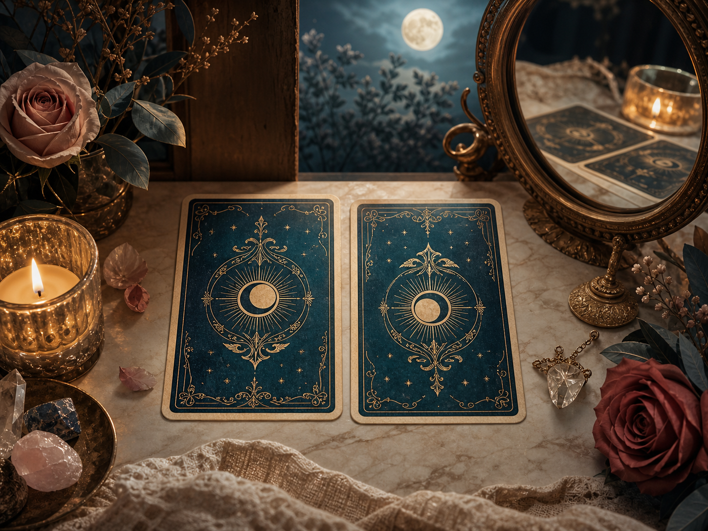 Two ornate card backs on a mystical desk, one upright and one reversed