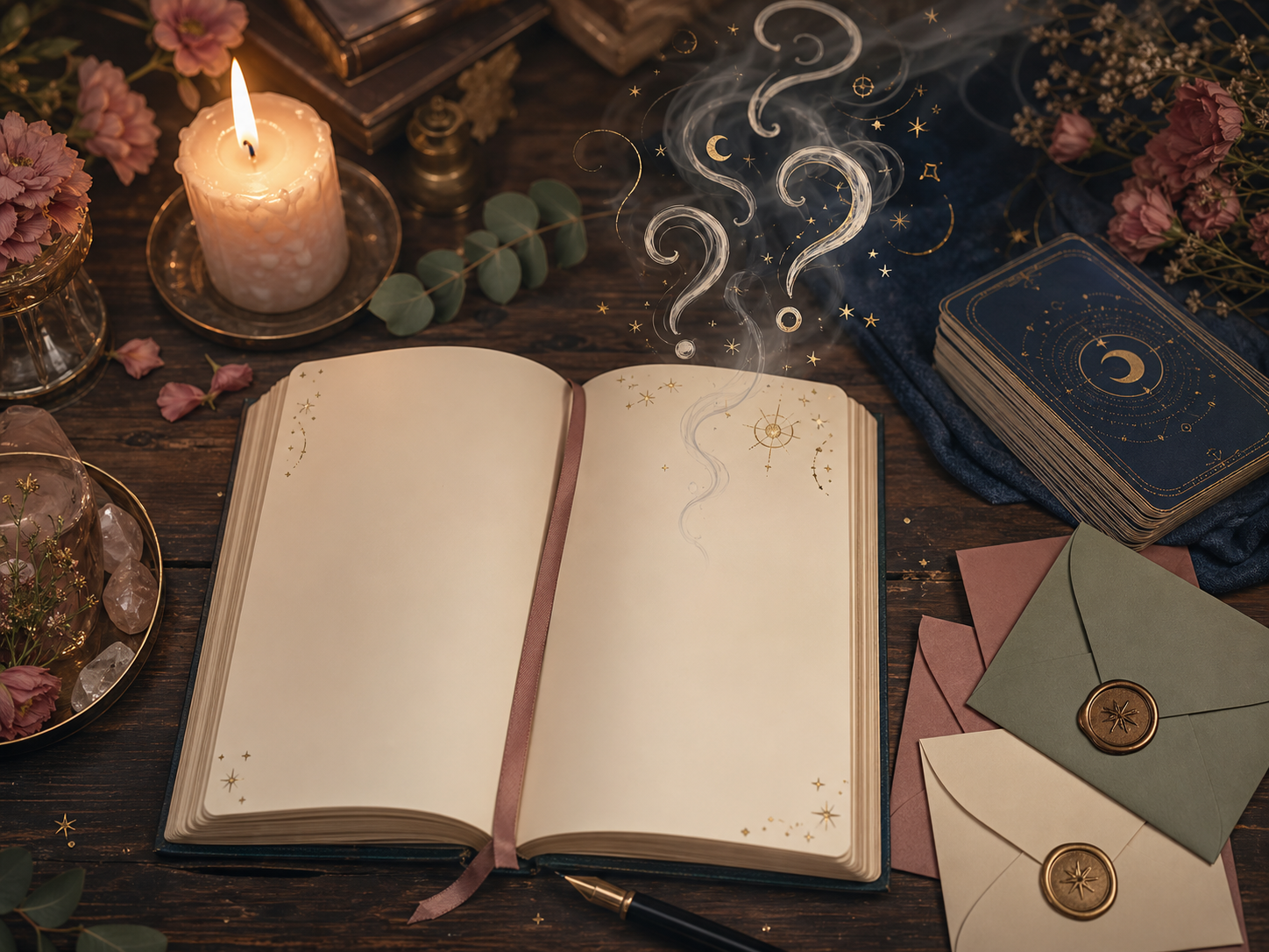 A reflective writing desk with a blank question notebook, envelopes, candle, and covered tarot deck